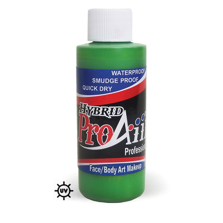 Bottle 2 ounce of green uv reactive airbrush face body paint called gamma green