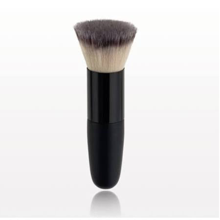 Flat-topped kabuki blending brush for face painting and body art for stencils and painting, short black acrylic handle with white and brown bristles