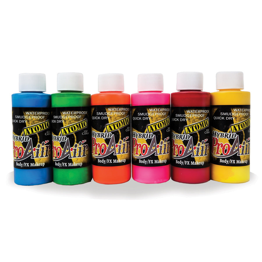 six 2 ounce bottles of uv reactive neon colors airbrush face body paint makeup called atomic by proaiir
