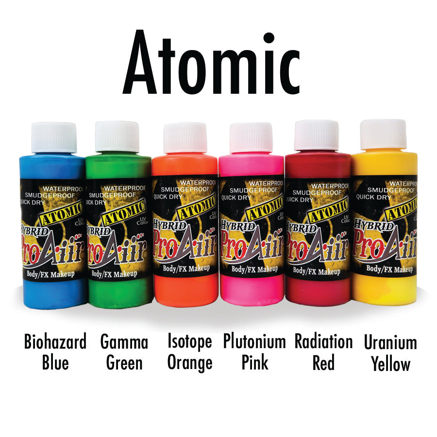 Atomic face body paint six colors that glow in us light called Gamma Green, Radiation Red, Biohazard Blue, Uranium Yellow, Plutonium Pink, Isotope Orange
