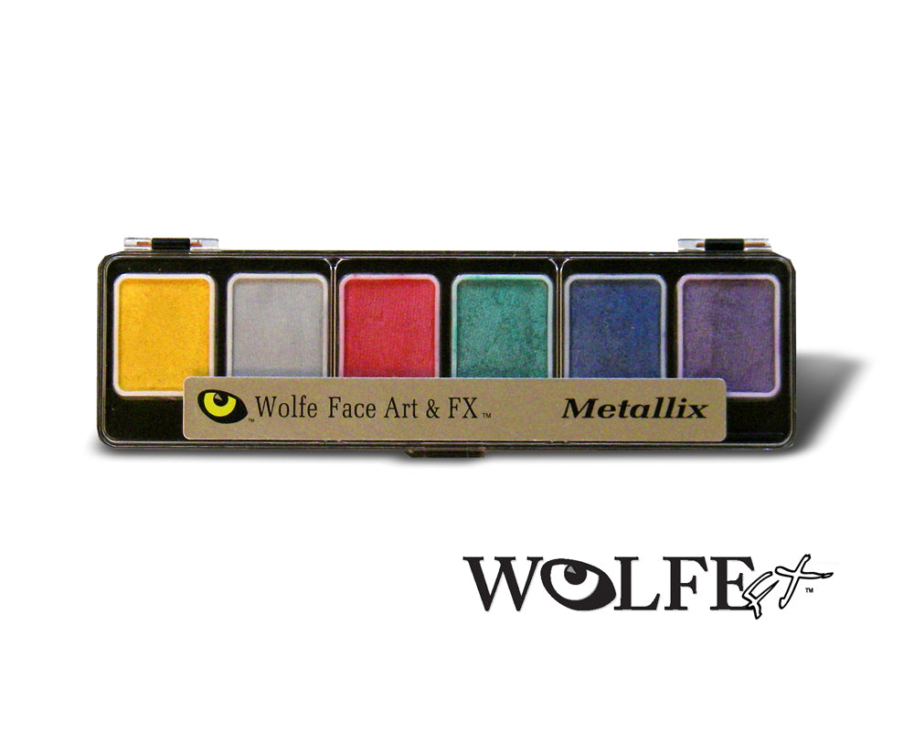 Wolfe brand face paint palette of 6 colors, glod, silver, red, gree, blue, purple called Metallix